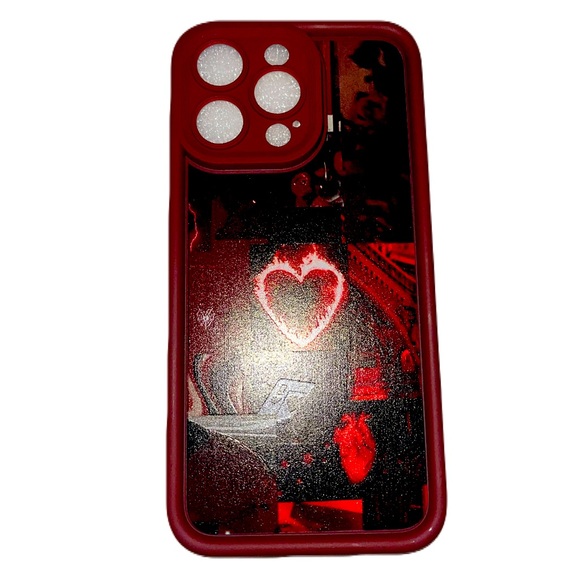 iPhone 15 ProMax Dark Red with Flammed Heart Print Soft Case Cover NWT - Picture 4 of 6